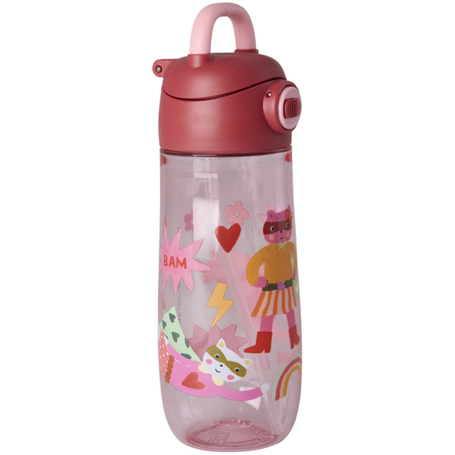 rice kinder drinkfles met roze dop en superheldenfiguren.