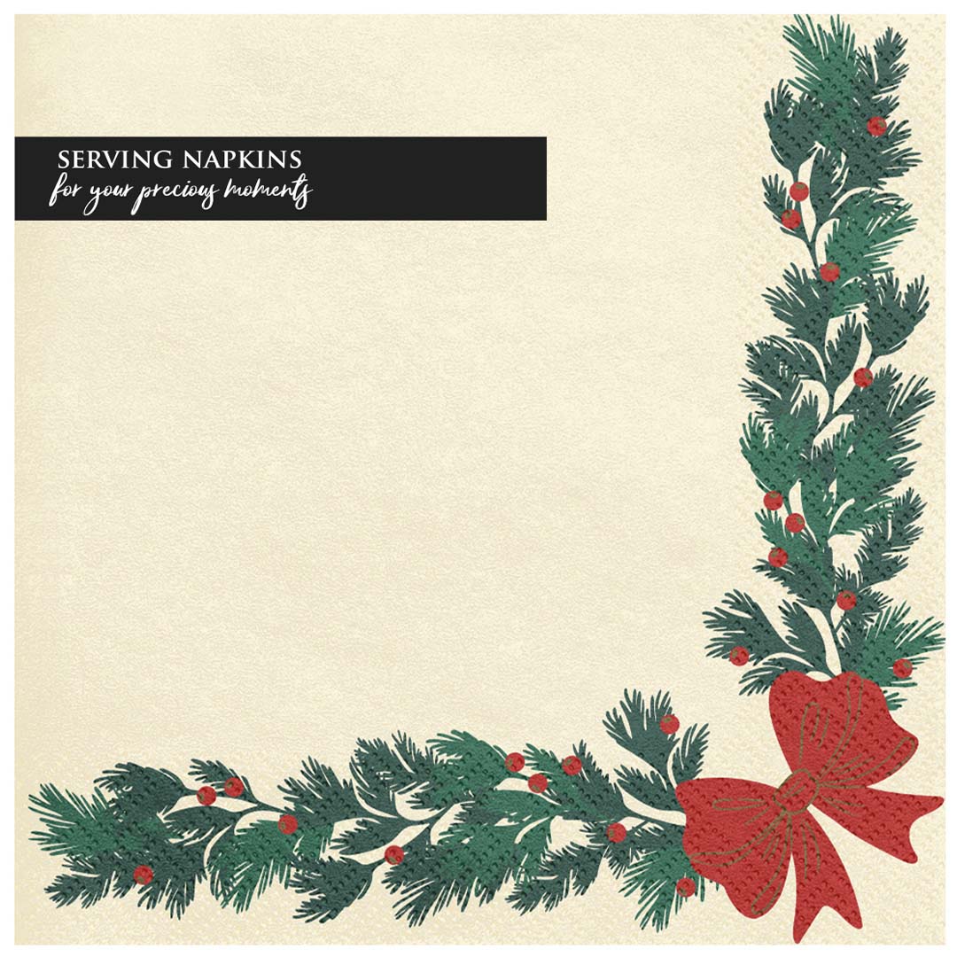 Partydeco servet met kerstgarlande patroon en tekst 'SERVING NAPKINS for your precious moments'.