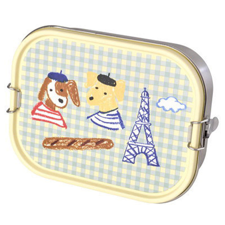 rice rvs broodtrommel voor kinderen met een geruit patroon en Parijs-thema, inclusief honden, stokbrood en Eiffeltoren.