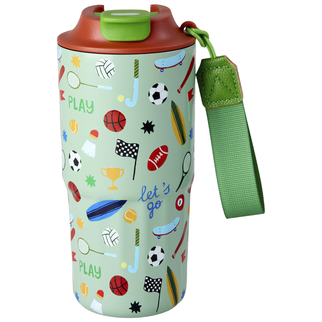 Rice groene thermos drinkfles met sportthema figuren en een groene draaglus.