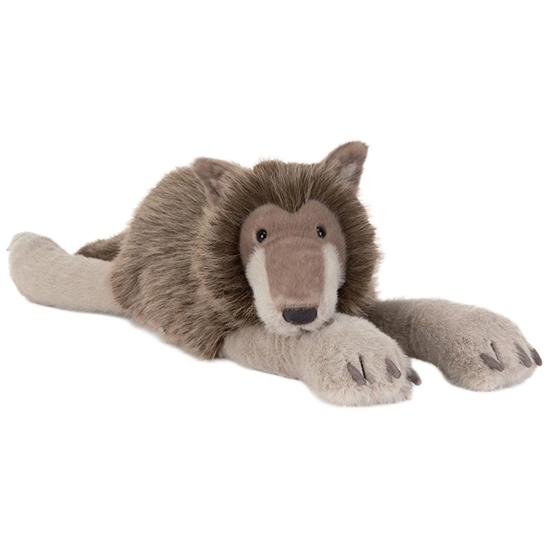 Jellycat pluchen wolf knuffel liggend op zijn buik.