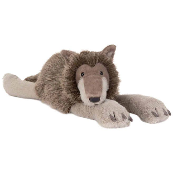 Jellycat pluchen wolf knuffel liggend op zijn buik.
