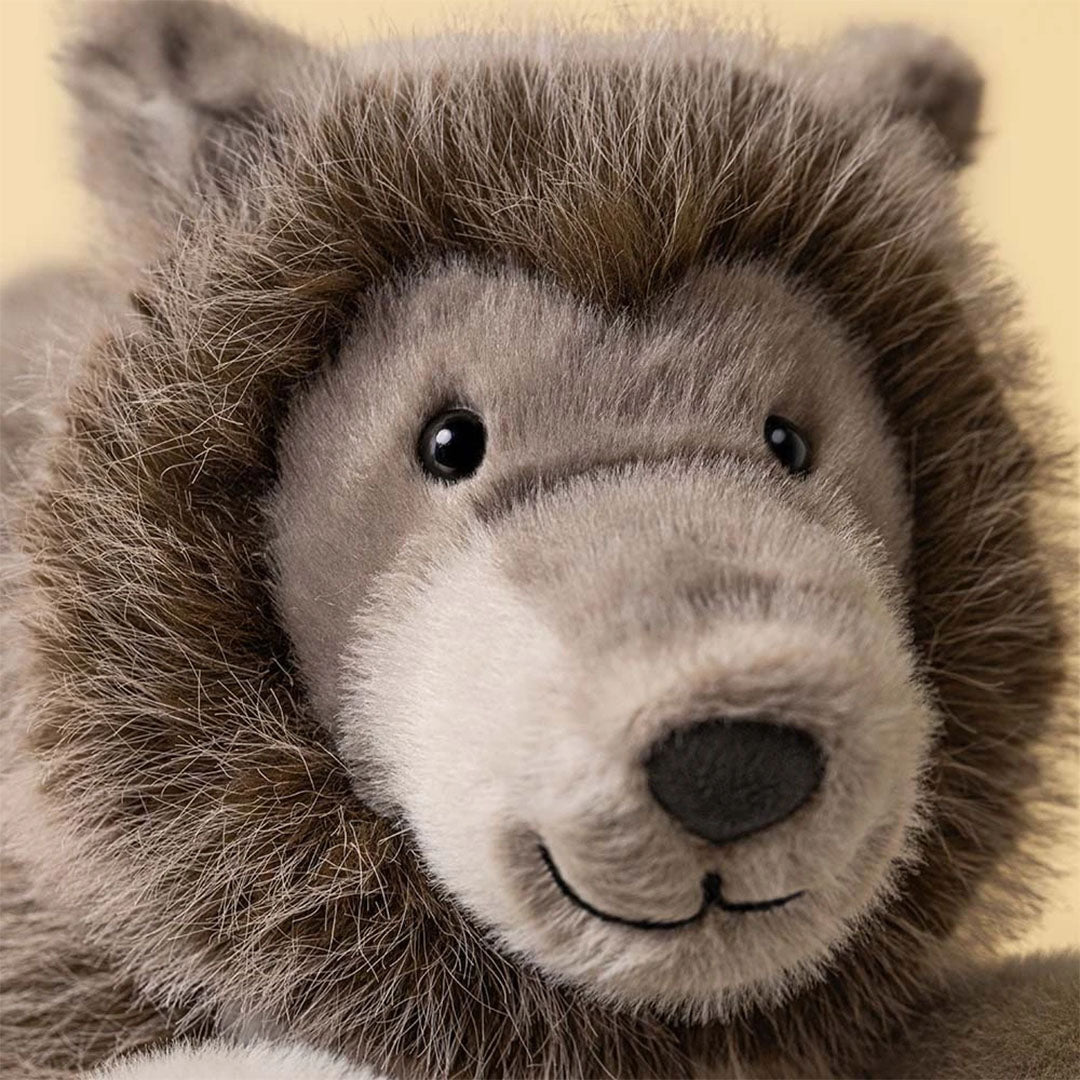 Close-up van het gezicht van de Jellycat pluchen wolf.