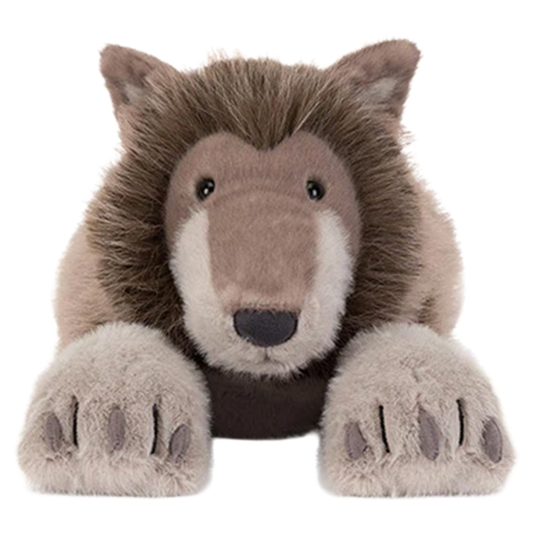 Vooraanzicht van de Jellycat pluchen wolf knuffel met zicht op de poten.