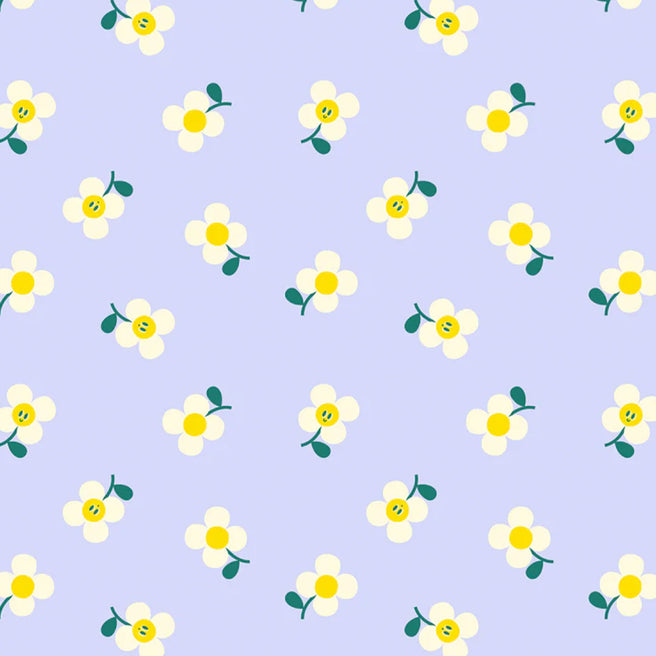 ole inpakpapier met een patroon van witte en gele bloemen op een lichtpaarse achtergrond.