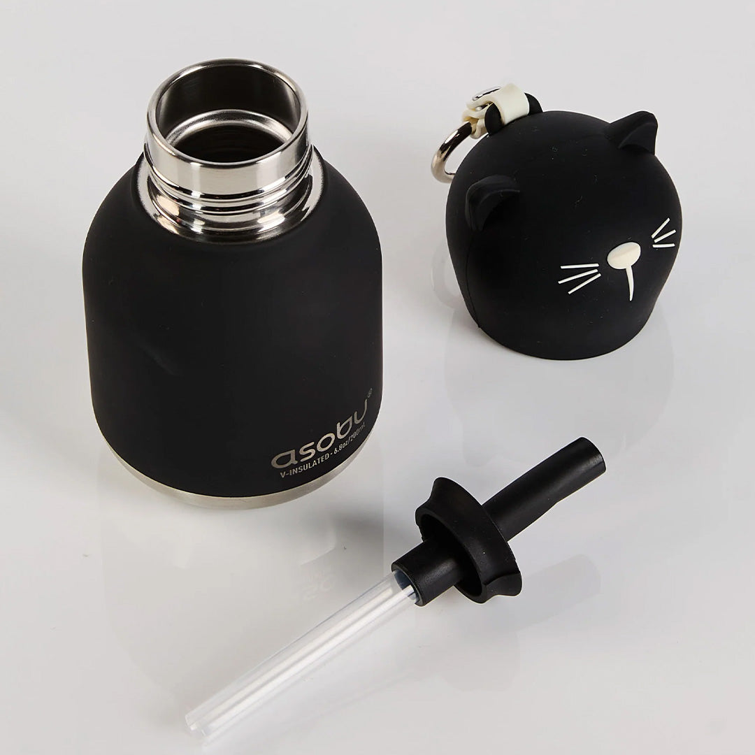 Asobu zwarte katten drinkfles gedemonteerd, met de roestvrijstalen binnenkant, de kattenkop dop en een rietje.