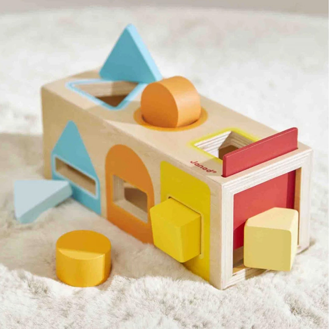 Janod houten vormenstoof met geometrische vormen op een zachte, lichte ondergrond.