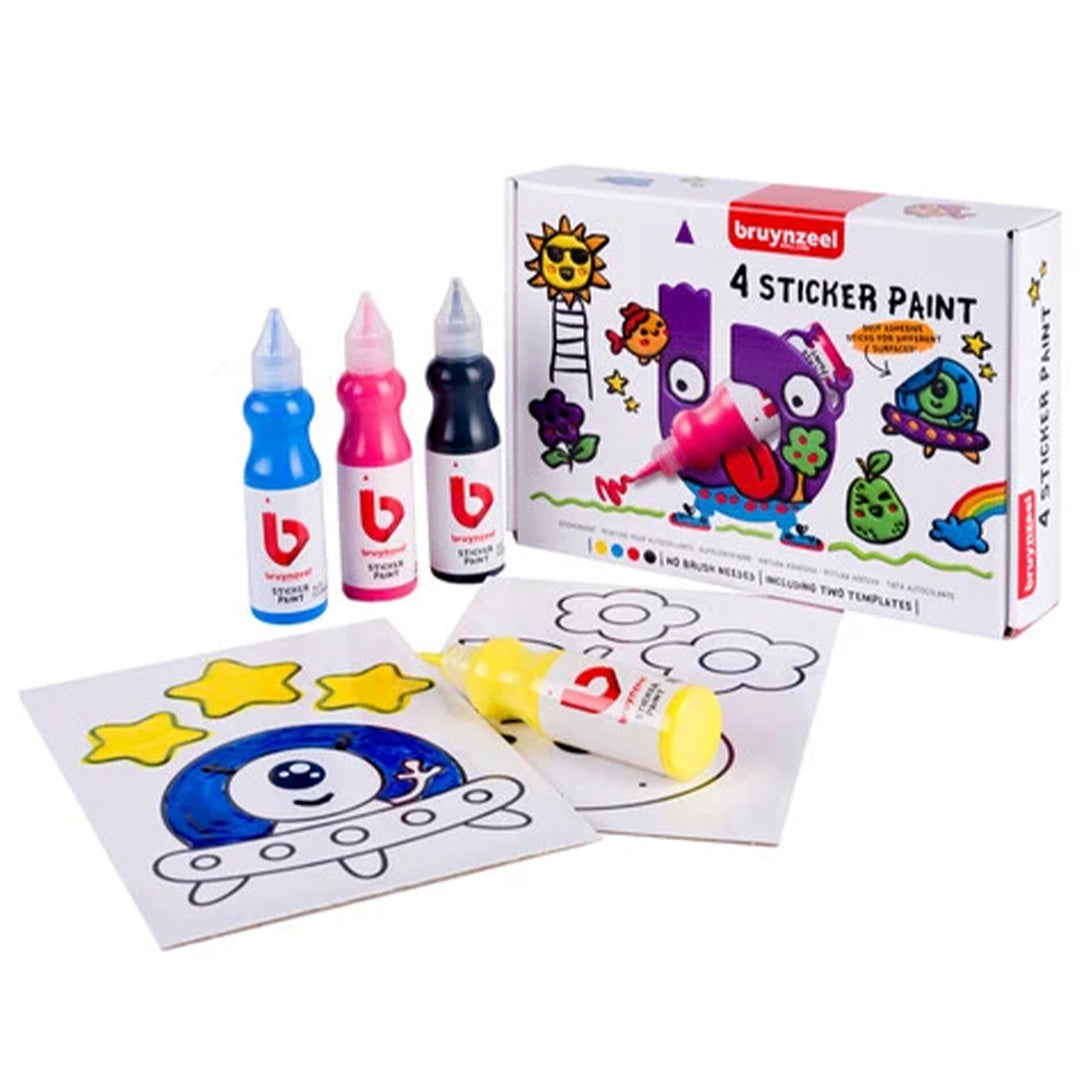 Bruynzeel stickerverf hobbyset met drie flessen verf en twee vellen met figuren en sterren.