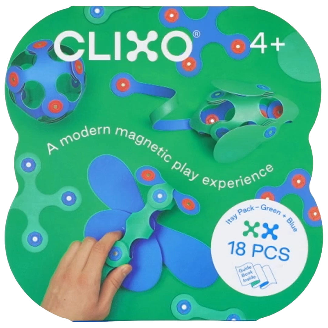 De voorkant van de Clixo magnetische bouwset verpakking met voorbeelden van creaties.