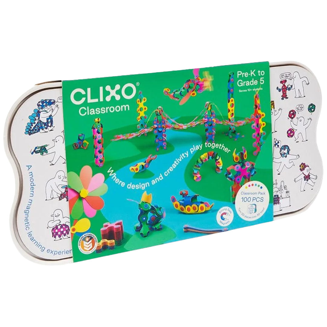 De verpakking van de Clixo Classroom 100-delige magnetische bouwset, een witte tinnen doos met een groen label.