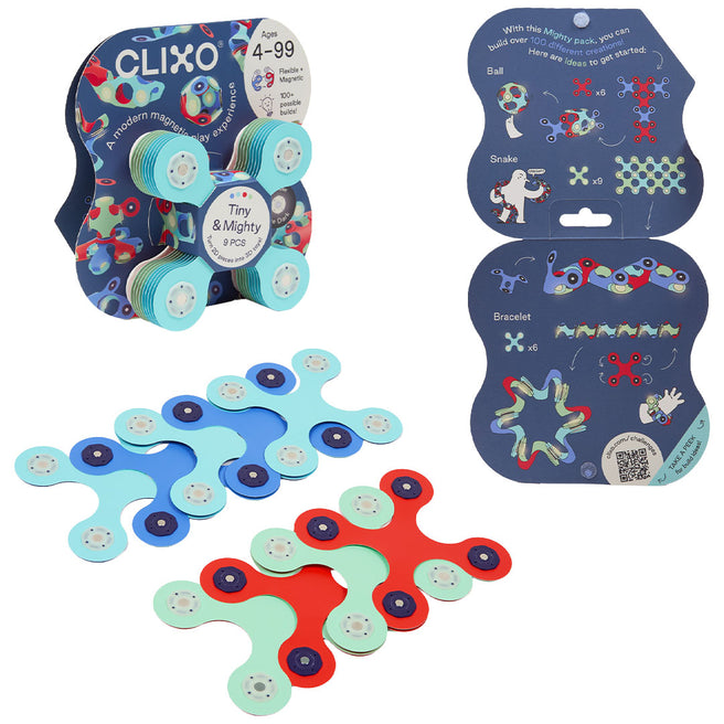 Clixo magnetische bouwset verpakking met enkele losse onderdelen en een instructiekaart.