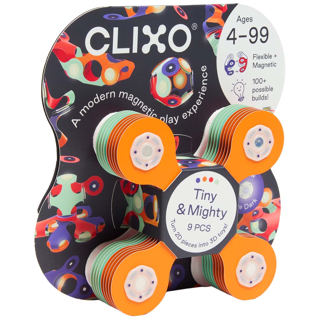 De voorkant van de Clixo magnetische bouwset Tiny & Mighty verpakking, met het thema ruimtevaartuig.