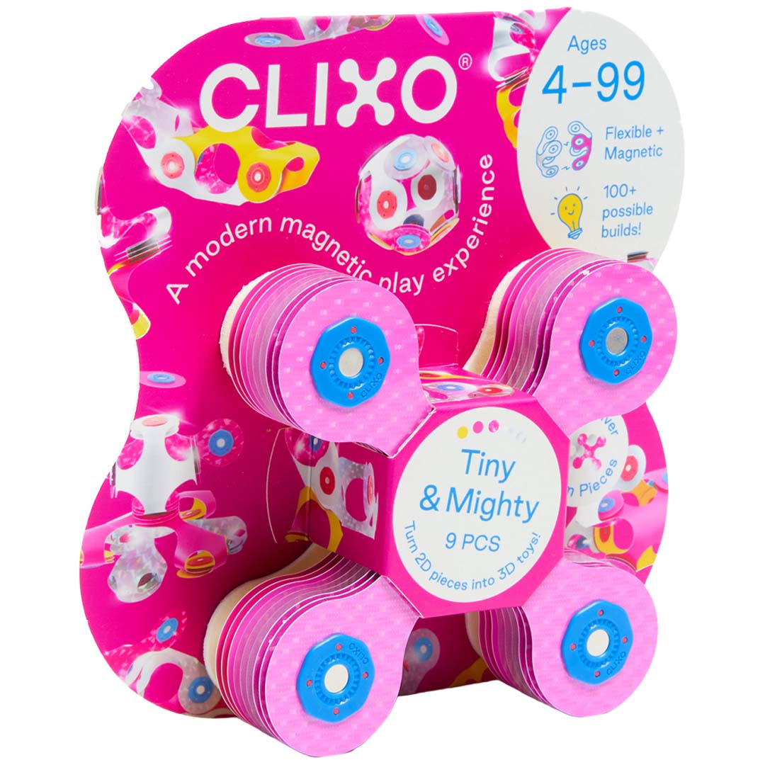 Roze verpakking van de Clixo Tiny & Mighty magnetische bouwset met 9 onderdelen.
