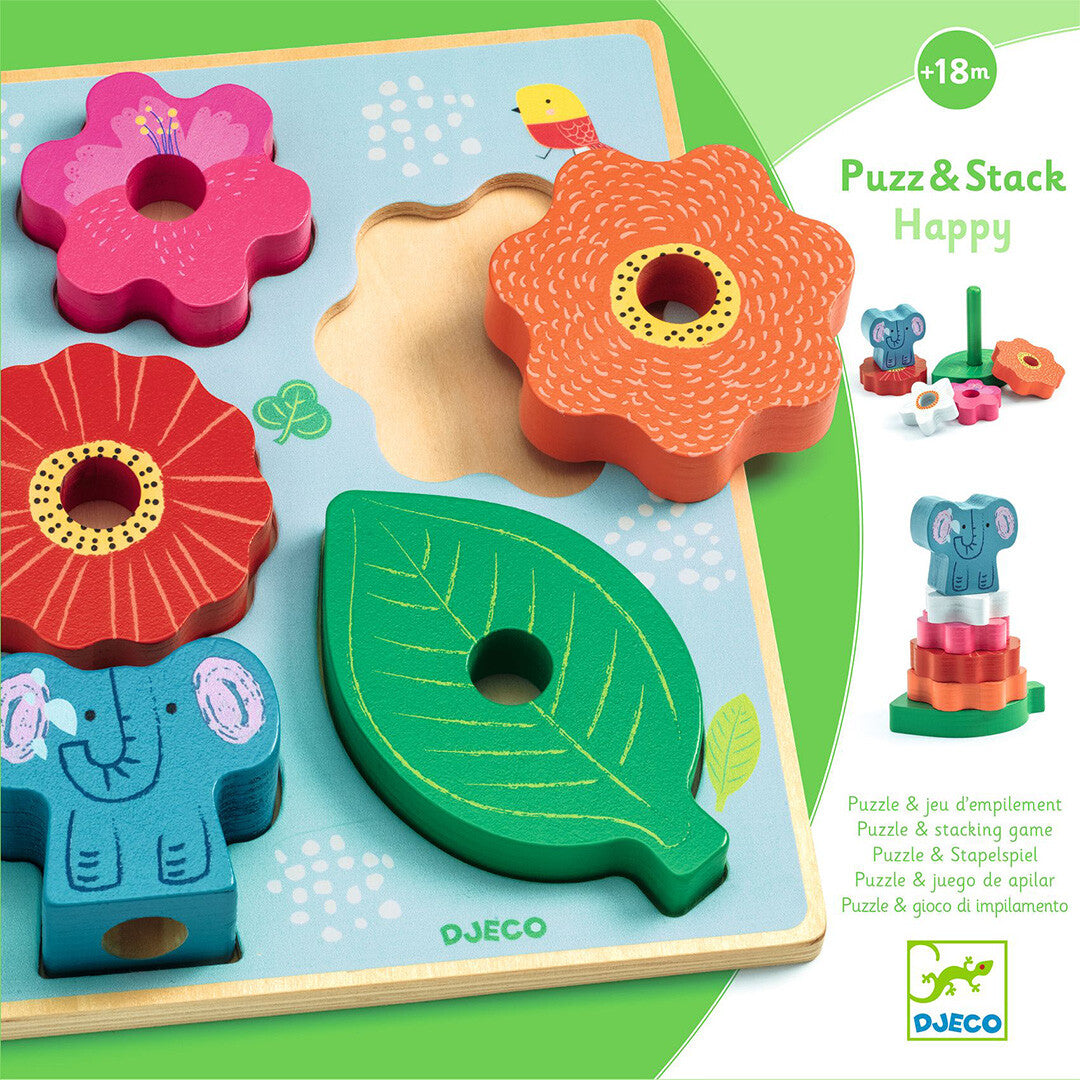 djeco houten puzzel en stapeltoren - happy - 7st | DJ01074 | 3