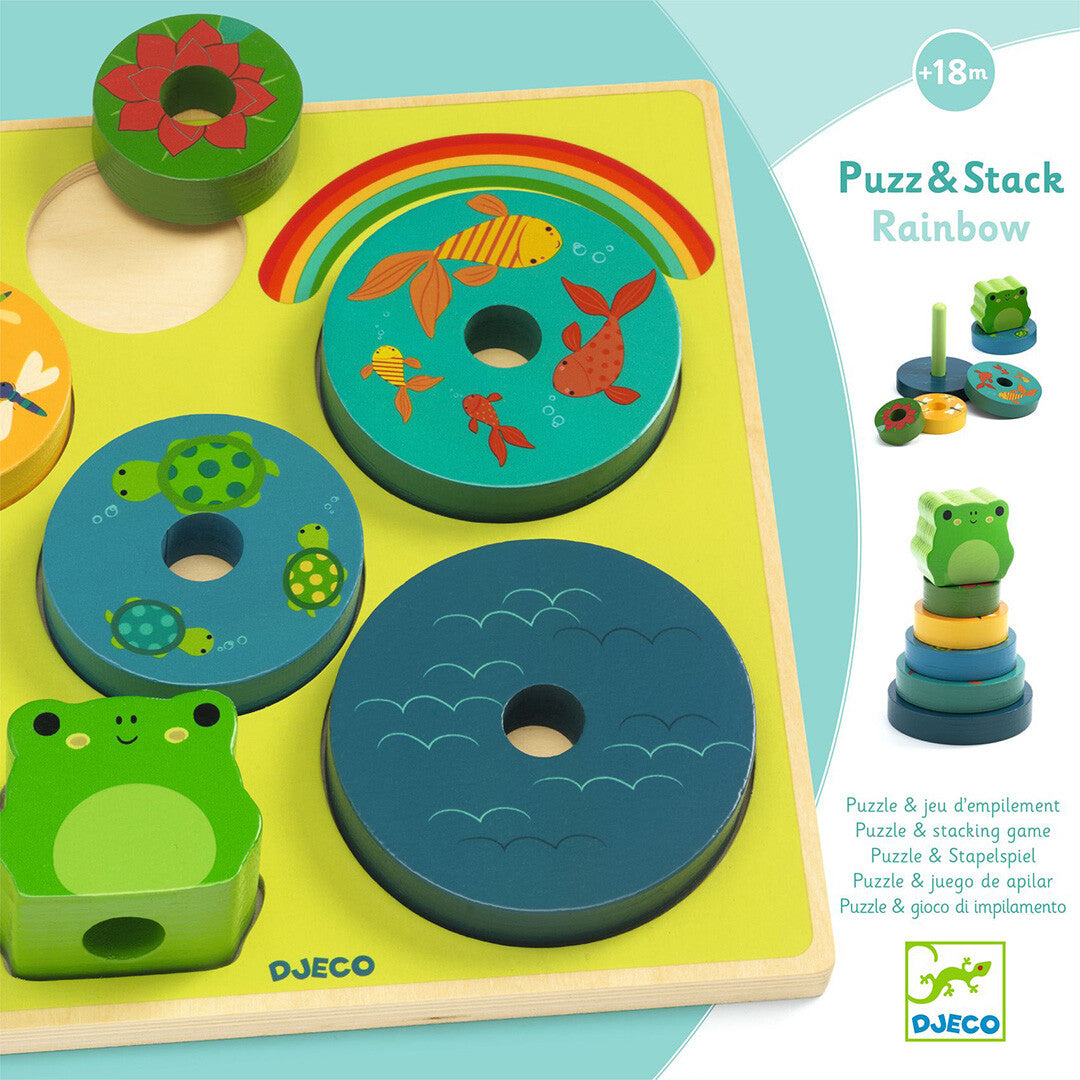 djeco houten puzzel en stapeltoren - rainbow - 7st | DJ01077 | 0
