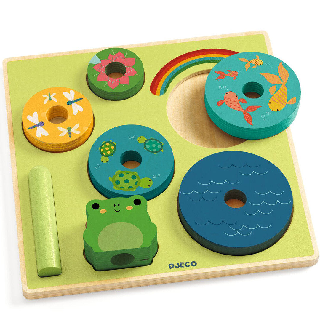 djeco houten puzzel en stapeltoren - rainbow - 7st | DJ01077 | 3