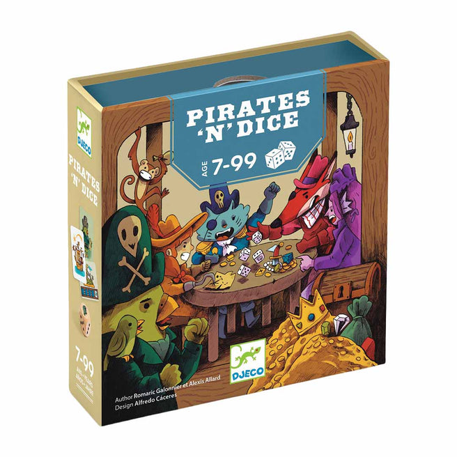 Djeco dobbelspel Pirates 'N' Dice verpakking met illustratie van piratenfiguren.