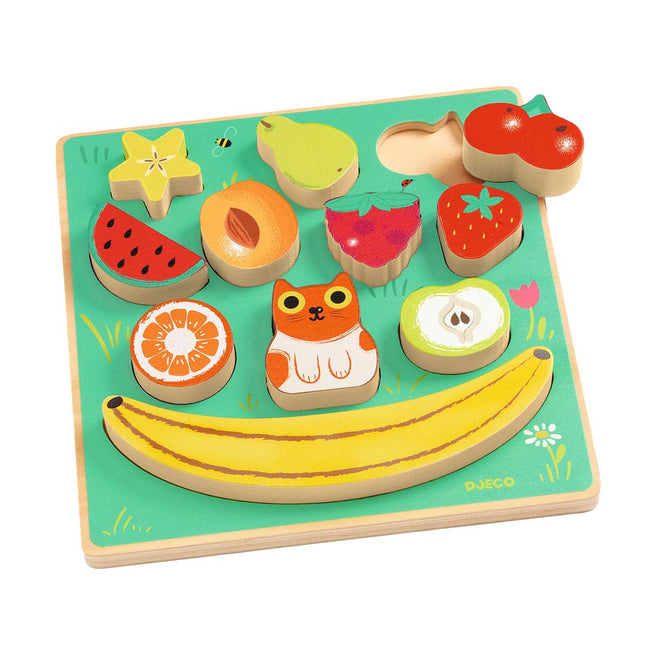 djeco puzzle et jeu d'équilibre en bois - happy - 11 pcs