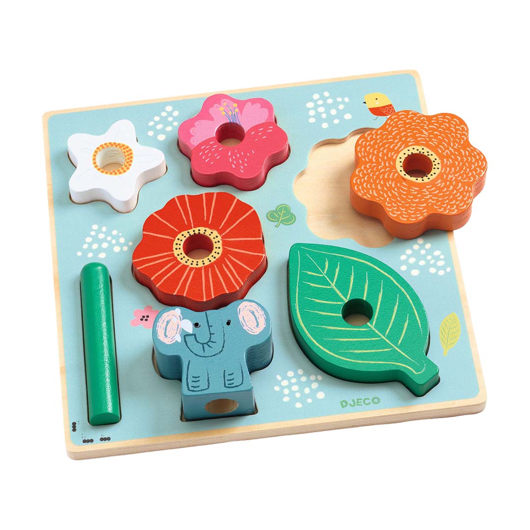 djeco puzzle en bois et tour à empiler - happy - 7 pcs
