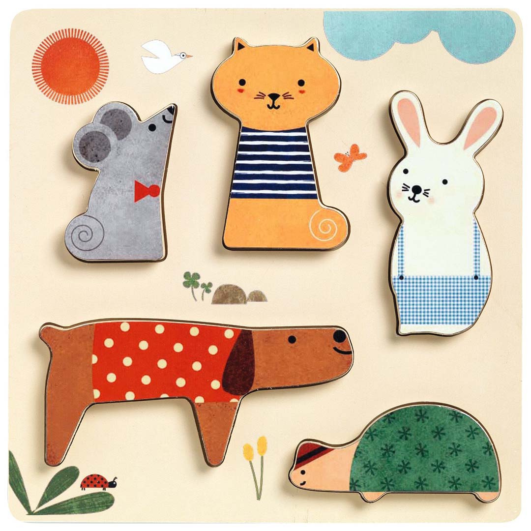 djeco puzzle en bois animaux de compagnie (5 pièces)