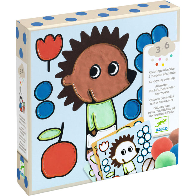 Djeco kleiset verpakking met een egel en tuinelementen, voor kleuren met luchtdrogende klei.
