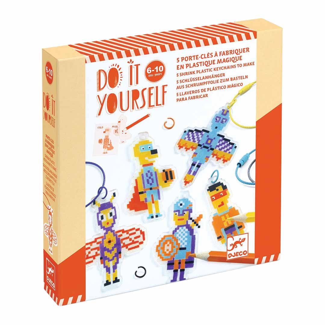 djeco coffret créatif plastique fou porte-clés - héros pixel