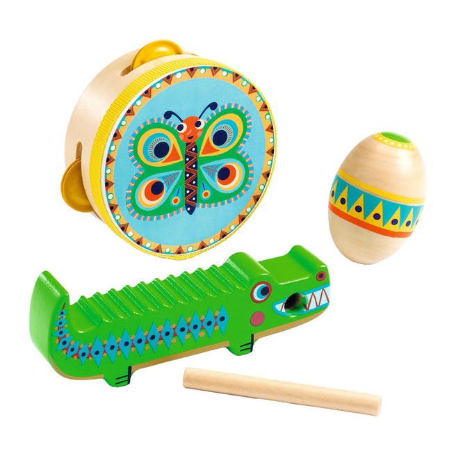 djeco set de percussions tambourin, maracas, guiro animambo - 3 pcs