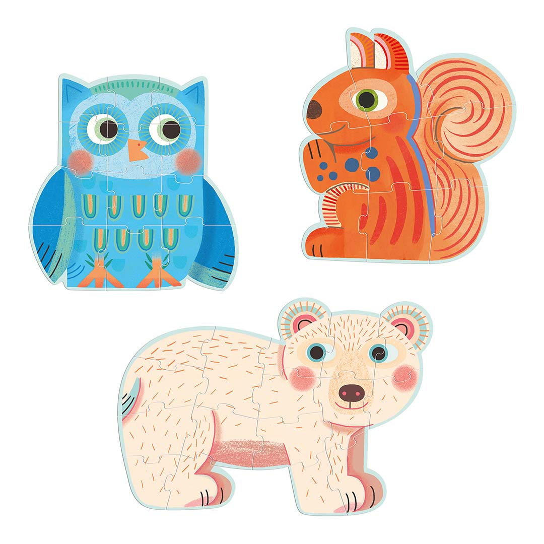 djeco puzzles dans la forêt (9,12 et 16 pcs)