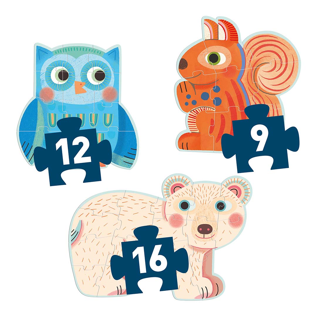 djeco puzzles dans la forêt (9,12 et 16 pcs)