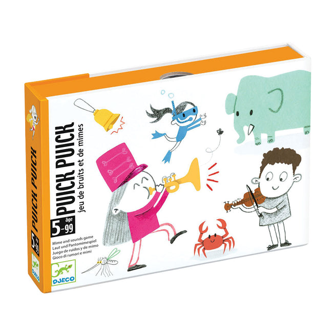 Djeco raadspel Puick Puick verpakking met illustraties van figuren en dieren die geluiden maken.