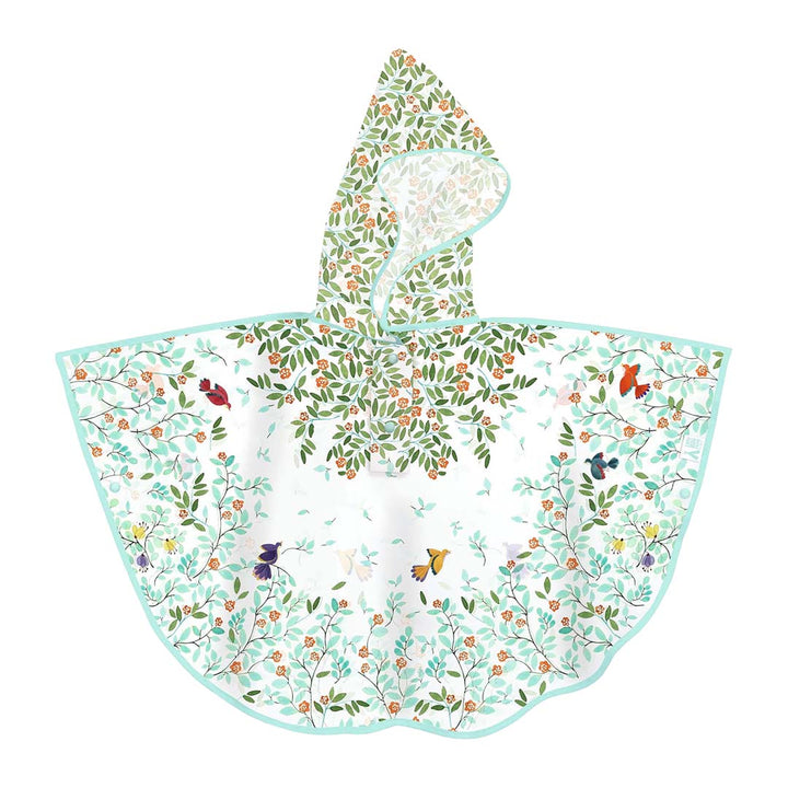 Djeco regenponcho met capuchon en een patroon van bladeren, bloemen en vogels.