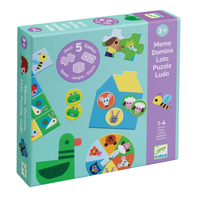 Djeco spelletjesdoos 5-in-1 'At the Farm' verpakking met illustraties van dieren en spelonderdelen.