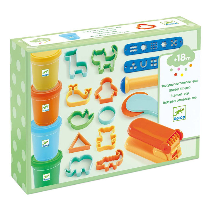 Djeco starterkit boetseerklei verpakking met vier potjes klei, dierenvormpjes en gereedschap voor kinderen vanaf 18 maanden.