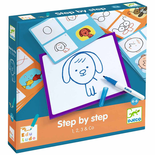 Djeco Step by step 1, 2, 3 & Co tekenkaarten hobbyset verpakking met een getekende hond en instructiekaarten.