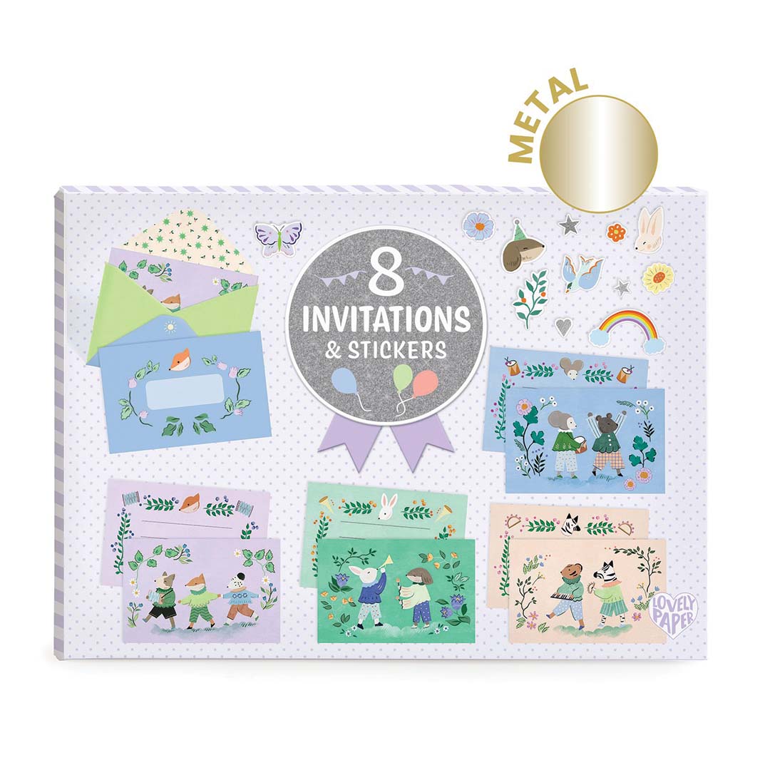 djeco invitations d'anniversaire animal fanfare - 8 pcs