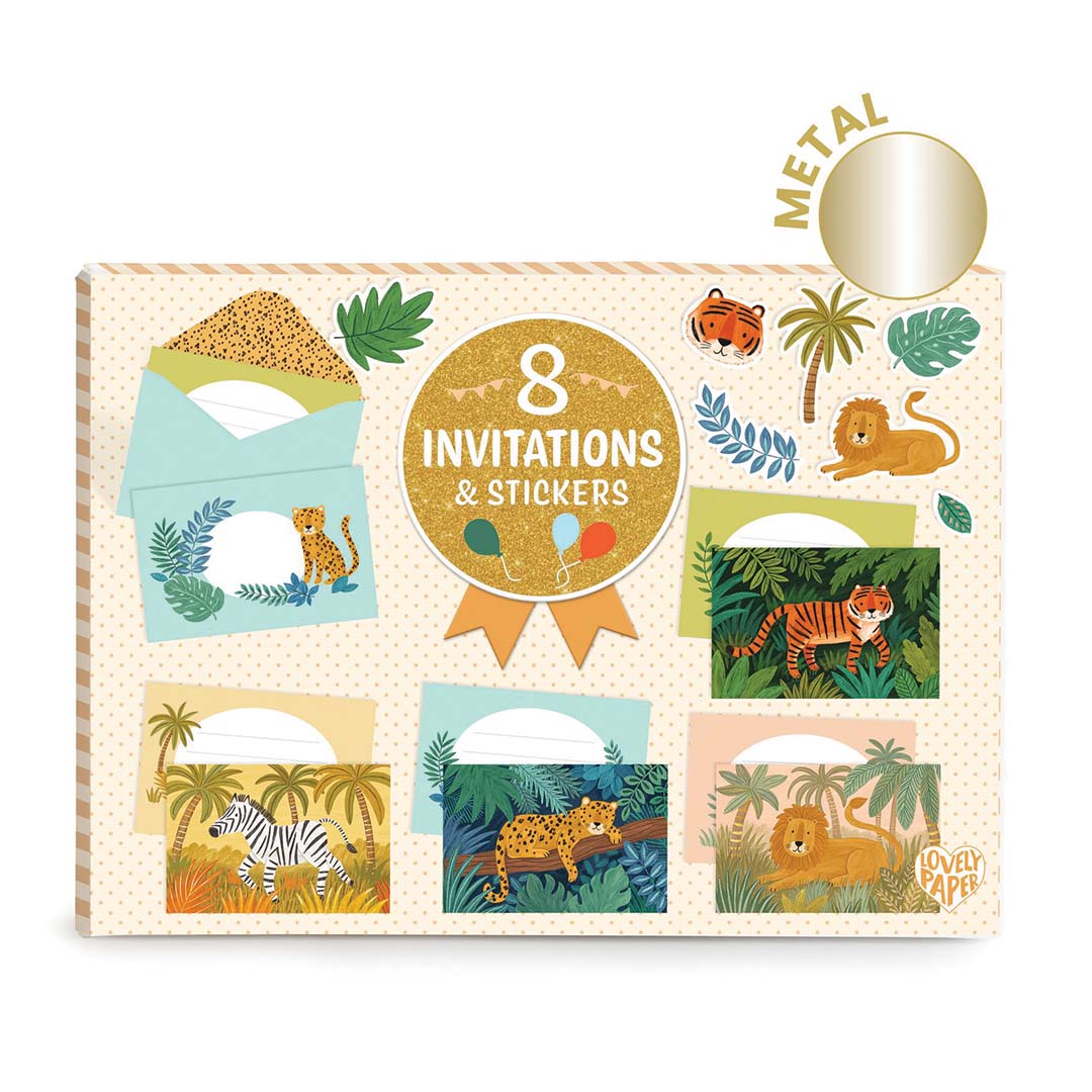 djeco invitations d'anniversaire jungle animals - 8 pcs