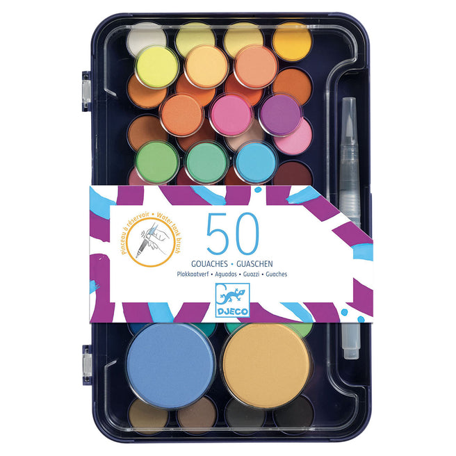 djeco gouache avec pinceau avec réservoir d'eau - 50 couleurs