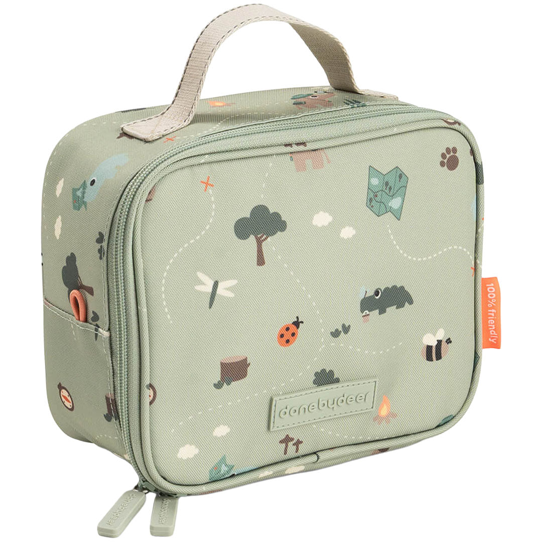 Done by Deer groene kinder lunchtas met Tiny Trails dierenpatroon.