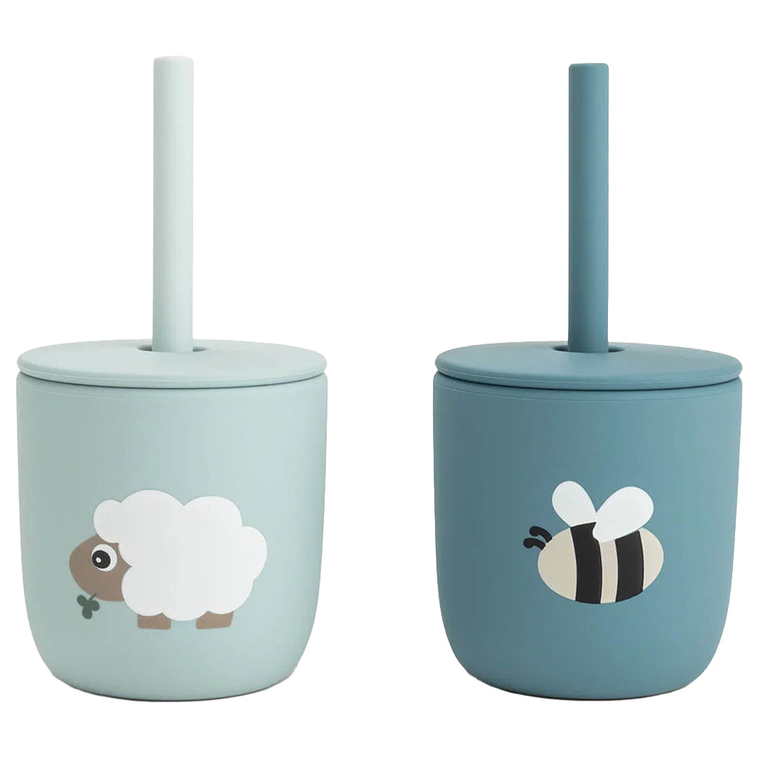 done by deer siliconen kinderbeker met rietje tiny farm - blue - 2st | 1969612 |  