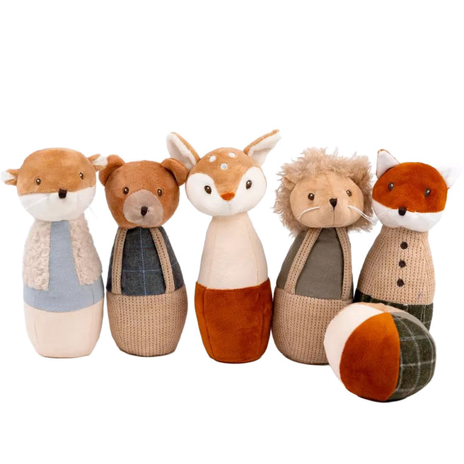 Egmont Toys pluche bowling speelgoed met vijf bosdieren en een bal, staand op een rij.