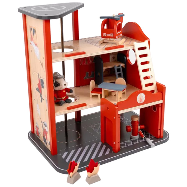 Egmont Toys houten brandweerkazerne speelset met helikopter, brandweerman en accessoires.