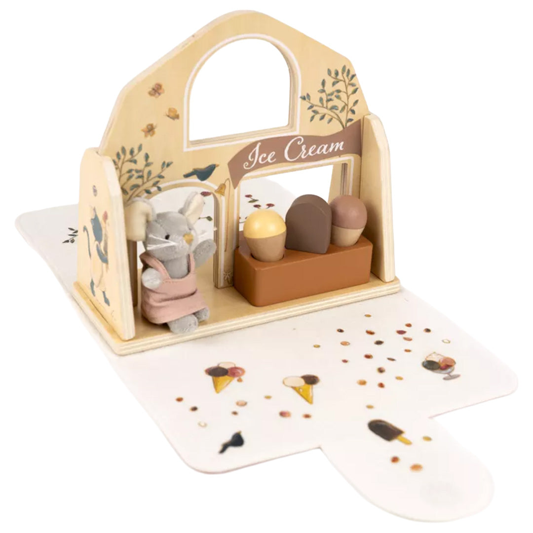 Egmont Toys houten ijssalon speelset opengeklapt met een muisfiguur en ijsjes.