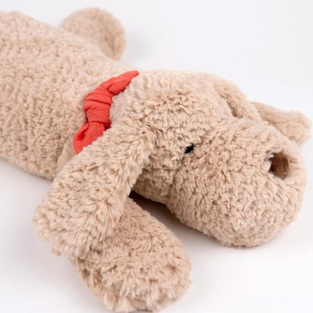 Detailfoto van de kop en rode halsband van de beige pluchen knuffelhond Gabi.