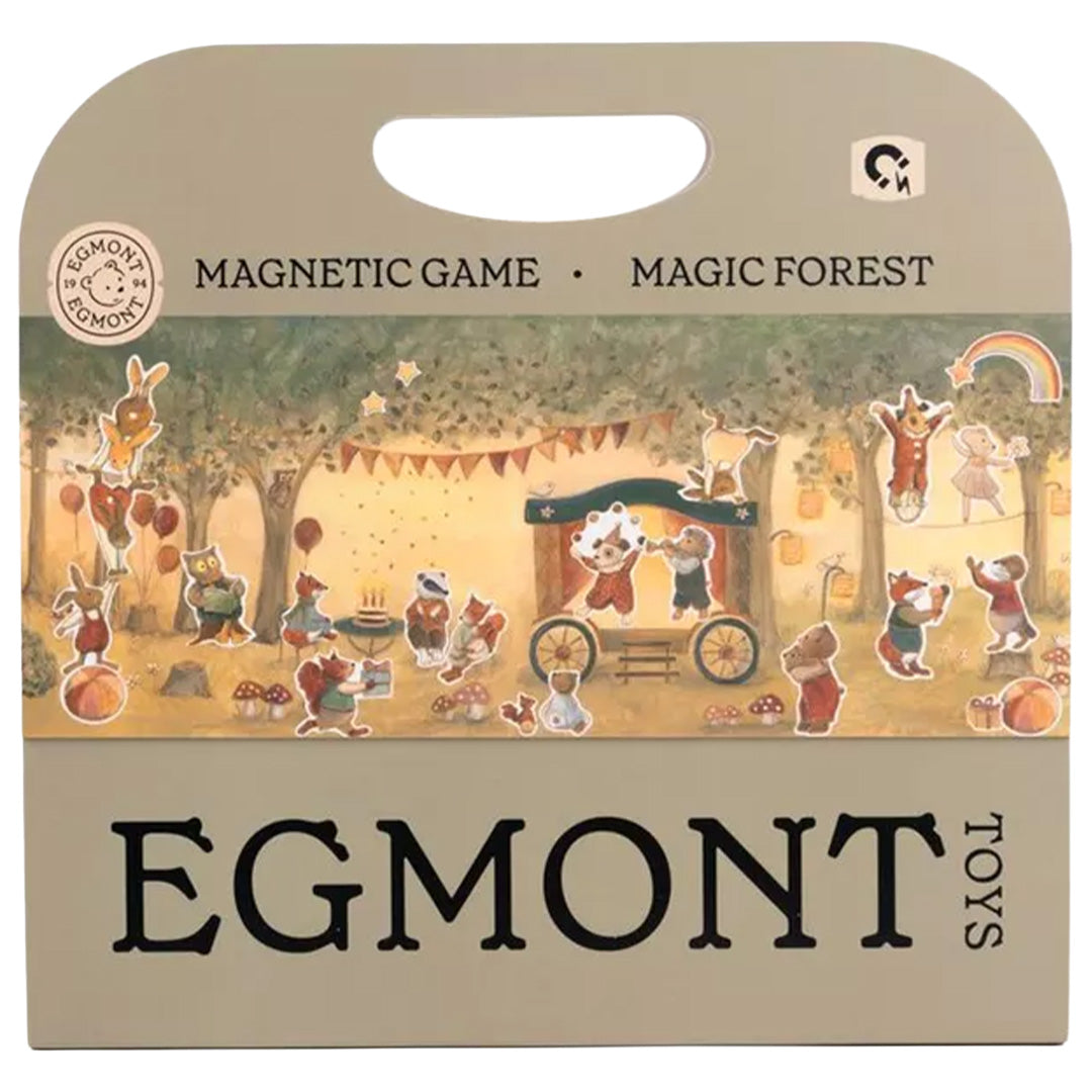 De voorkant van de Egmont Toys verpakking voor het magnetische toverbos spel met dieren en een feestelijke bosscène.