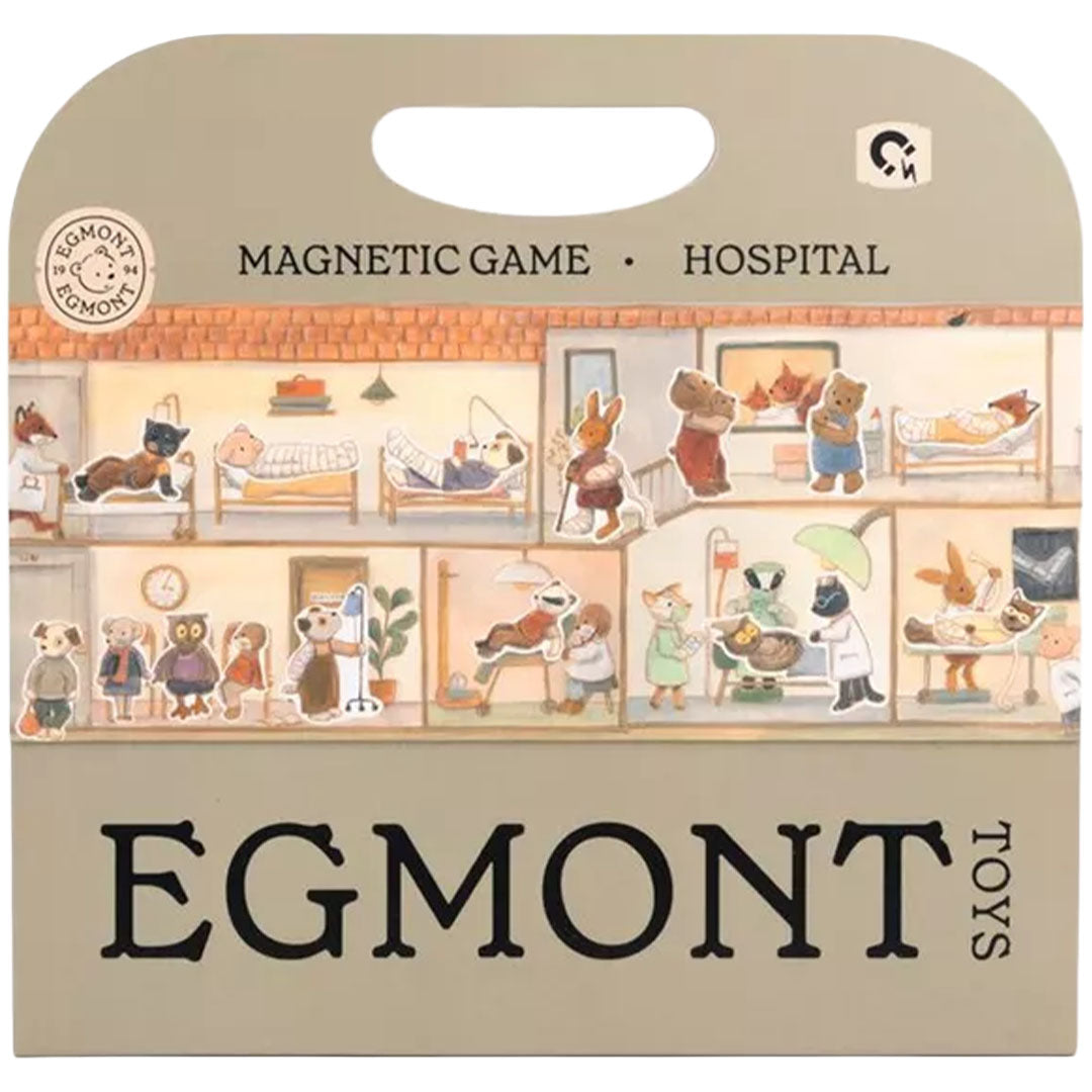 Voorkant van de Egmont Toys verpakking van het magnetisch ziekenhuis spel met dierenfiguren.