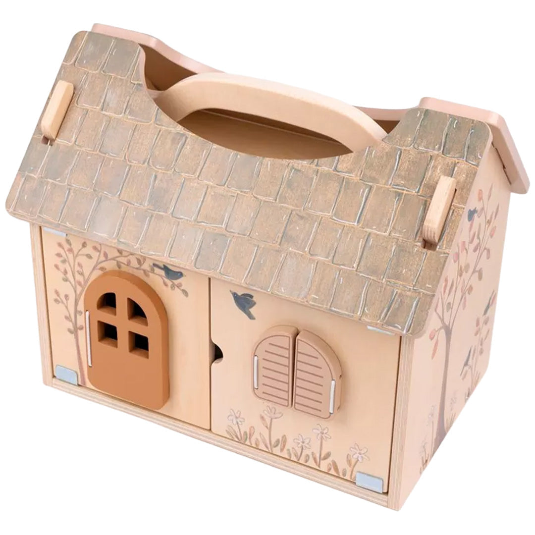 Egmont Toys houten poppenhuis met handvat, gesloten en versierd met vogels en bloemen.