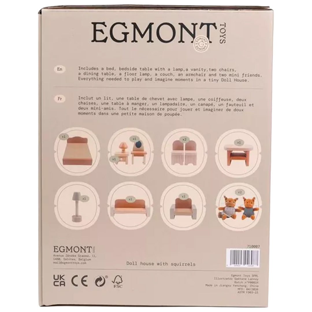 Achterkant van de Egmont Toys poppenhuisverpakking met een infographic van de inbegrepen meubels en eekhoornfiguren.