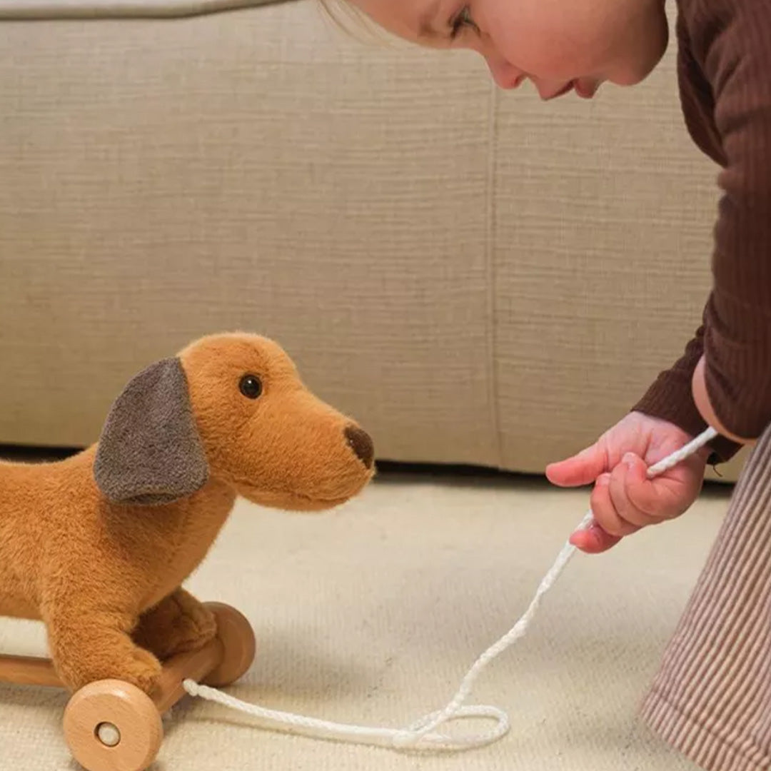 Een kind trekt de Egmont Toys bruine pluche teckel trekfiguur aan een wit touw.