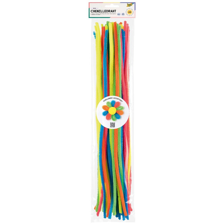 Verpakking van folia neon chenilledraad met 100 veelkleurige pijpenragers.