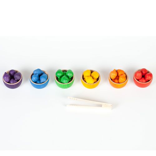 grapat 6 houten bakjes met 36 eikeltjes en tang | 15-107 | 2